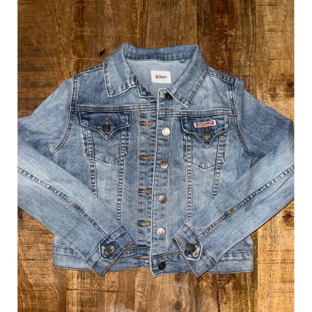 Hudson Jeans Women Light Wash Denim Trucker Jacket Union Jack Patch Size M - Picture 1 of 10